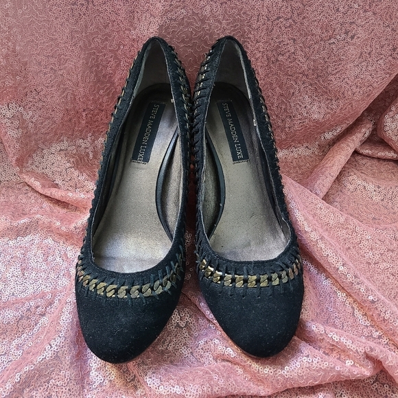 Steve Madden Luxe Jamie Platform Heels - Black Suede, Chain Detail, Size 8.5 - Picture 3 of 6